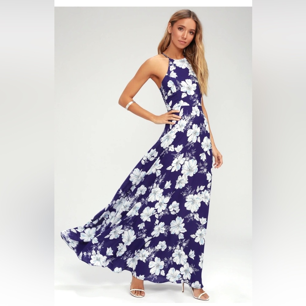 Lulu’s Valley Isle Royal Blue Floral Print Maxi Dress Size Small NEW